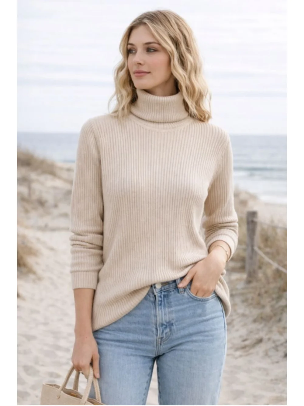 Cream Ribbed Turtleneck Sweater Quiet Luxury Minimalist Layering Knit Medium